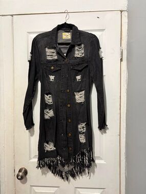 Daisy Fuentes Black Distressed Long Sleeve Fringed Denim Dress